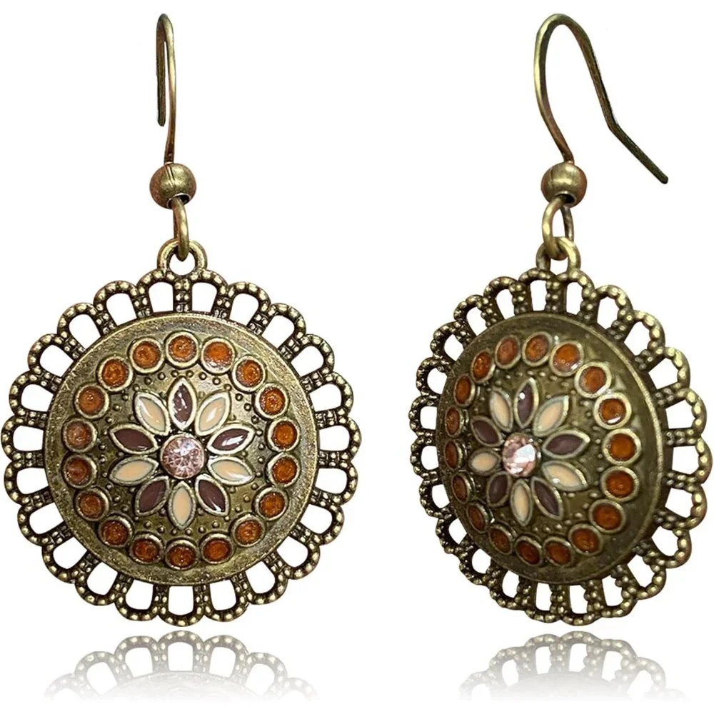 Bohemian Engraved Circle Dangle Earrings for Women,Boho Copper Antique Earrings